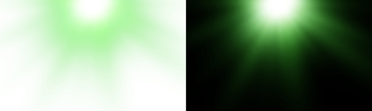 Glowing green sunlight rays with realistic flare and radiant illumination on split background. Vibrant emerald beam overlay for abstract light design.