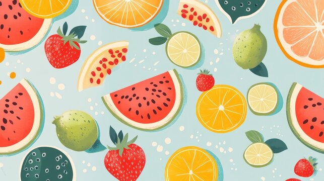 Colorful fruit slices pattern, vibrant, flatlay, healthy food, social media
