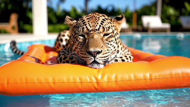 A wild jaguar enjoys a tranquil luxury resort vacation, relaxing on an inflatable pool float in crystal clear tropical water. Perfect for exotic travel, wildlife adventure, and serene summer escapes.