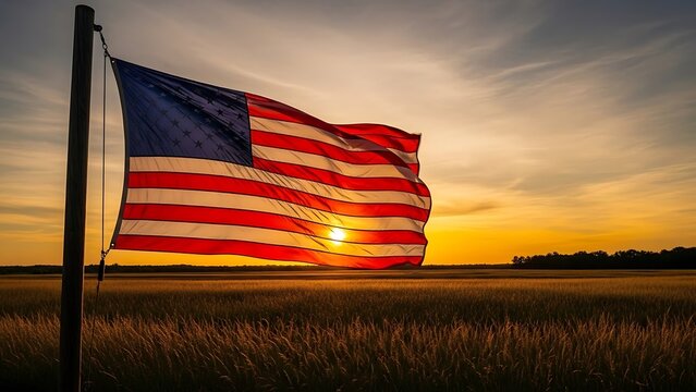 American Flag Waving at Sunset Over Field.