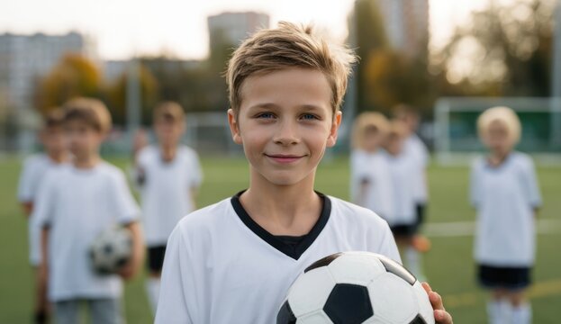 Young boy with a confident smile holding a soccer ball on a sports field, surrounded by teammates in white uniforms during a daytime match