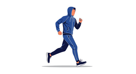 Fototapeta premium Man running in blue tracksuit with hood up, isolated on white background, active lifestyle