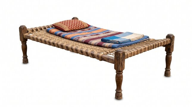 Traditional Indian charpai bed with woven jute rope, rustic wooden cot with colorful patterned bedding, ethnic South Asian furniture for home decor isolated PNG with Transparent Background