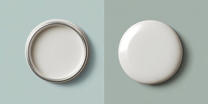 A split-screen image showing a circular container with an open interior and a separate, smooth, blank button, both against pastel backgrounds