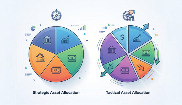 Side-by-side pie charts showing strategic and tactical asset allocation breakdowns. 