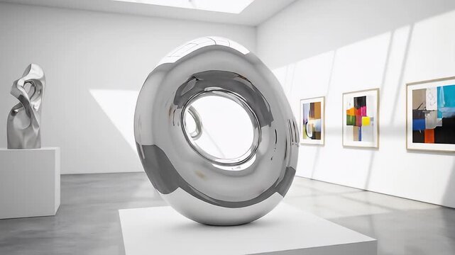 Modern art gallery with sculptures paintings.