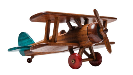 Detailed wooden biplane toy with teal tail, isolated on transparent background © PROSTOCK