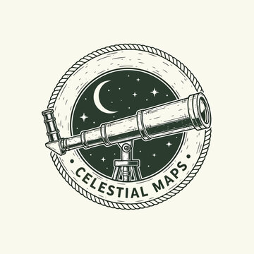 Vintage style telescope illustration for celestial navigation logo.
