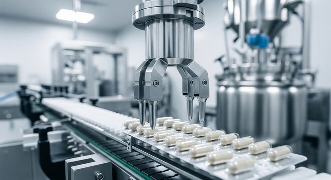 Automated pharmaceutical production line with robotic arm packaging capsules into blister packs