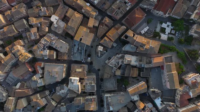 Top Down View of Corfu Old Town with Street Pattern and Dense Historic Buildings at Sunrise Light
