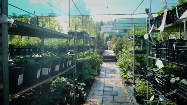 A professional female gardener works in a garden center or nursery, caring for plants, overseeing watering, fertilizing, pruning, replanting, and pest control. She ensures the plants are healthy