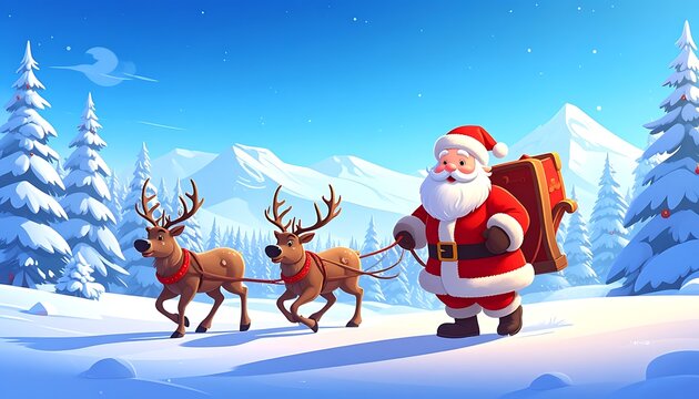 Santa Claus pulling reindeer winter scene.