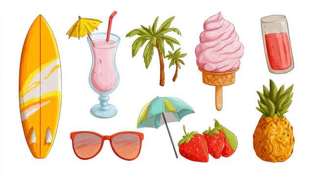 Summer vacation collection featuring a surfboard cocktail palm tree ice cream pineapple sunglasses and beach umbrella icons in this photo