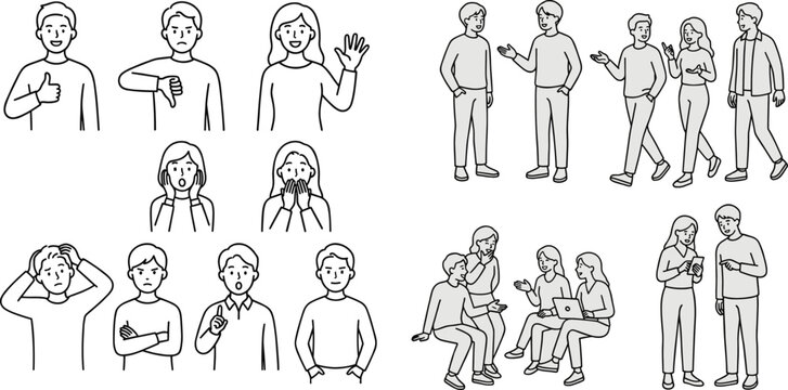 Set of Diverse People Character Line Drawings Showing Various Emotions Hand Gestures and Social Interactions in Flat Minimalist Style