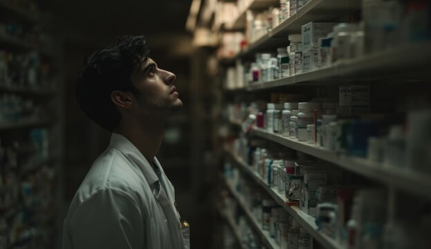 Young man with dark hair wearing a white lab coat browsing shelves in a pharmacy or medical supply store