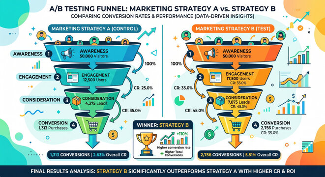 Colorful marketing funnel infographic titled A/B Testing Funnel Marketing Strategy A vs Strategy B showing two competing conversion