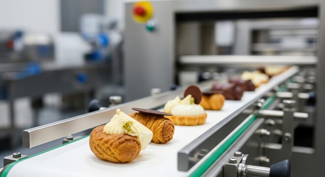 Assortment of decorative pastries moving on a white conveyor belt in a production line