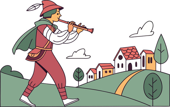 Pied Piper of Hamelin Illustration. Hamelin Rat Catcher Story Art. Medieval Pied Piper Scene. Fairy Tale Pied Piper Design. Hamelin Town Story Illustration. Pied Piper Fantasy Artwork. Classic Rat Cat