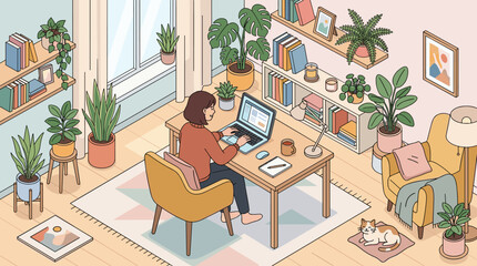 Fototapeta premium Cozy home office interior with a woman working remotely at her desk, surrounded by plants and books