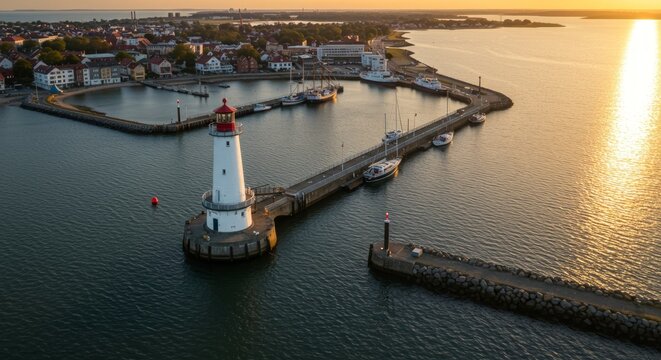 Aerial view of Sassnitz lighthouse and harbor at sunset.