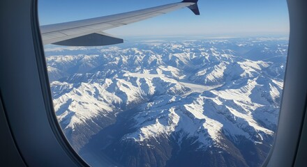 Obraz premium Aircraft wing flying over rugged snow capped mountain peaks.
