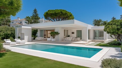 Fototapeta premium A stunning modern villa features a crystal-clear pool surrounded by lush greenery. The sun shines brightly, enhancing the charm of this serene retreat