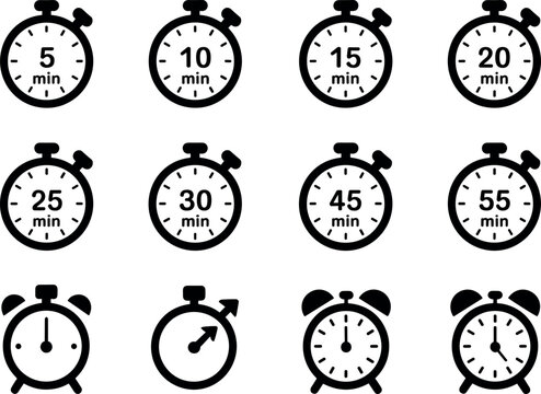 Black silhouette vector illustration of stopwatch and alarm clock icons showing multiple time intervals with anchor point design concept