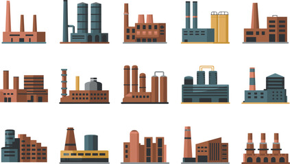 Illustration of diverse factory and industrial building icons with chimneys silos cooling towers symbolizing manufacturing architecture and urban development artwork © MI Visual Studio