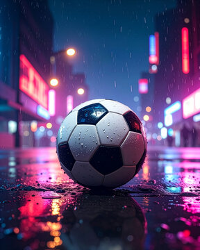 Glossy soccer ball on a wet urban surface, reflecting the Manhattan skyline and stadium lights at night, shallow depth of field, neon blues and warm ambers, photorealistic_l