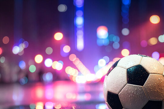 Glossy soccer ball on a wet urban surface, reflecting the Manhattan skyline and stadium lights at night, shallow depth of field, neon blues and warm ambers, photorealistic_l