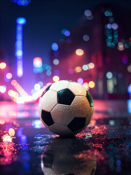 Glossy soccer ball on a wet urban surface, reflecting the Manhattan skyline and stadium lights at night, shallow depth of field, neon blues and warm ambers, photorealistic_l