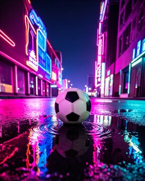 Glossy soccer ball on a wet urban surface, reflecting the Manhattan skyline and stadium lights at night, shallow depth of field, neon blues and warm ambers, photorealistic_l
