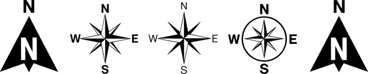 Obraz premium Illustration of four compass rose symbols with cardinal directions stylized arrows and traditional designs symbolizing navigation mapping and orientation artwork
