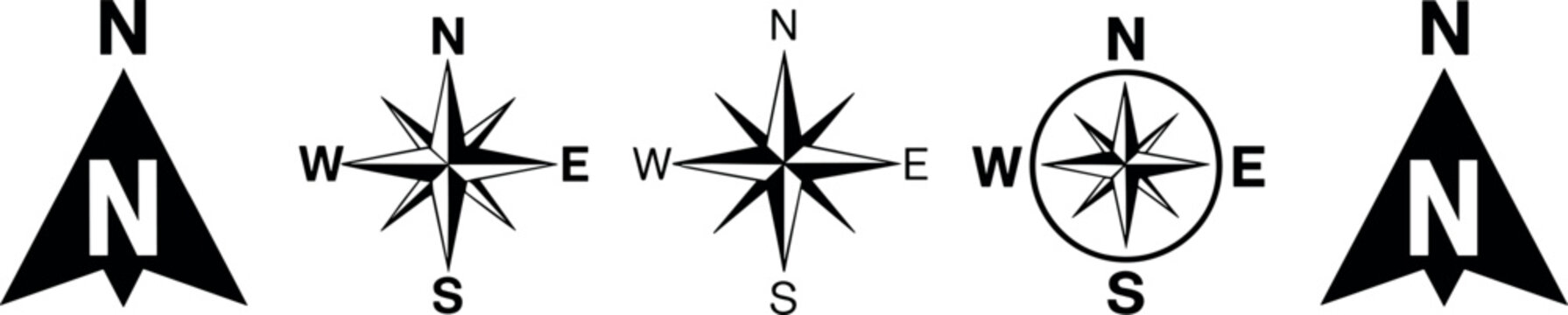 Illustration of four compass rose symbols with cardinal directions stylized arrows and traditional designs symbolizing navigation mapping and orientation artwork