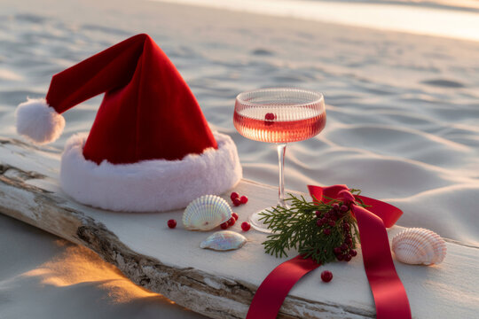 Santa Claus hat with festive cocktail glass on snowy beach, tropical Christmas concept