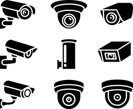 Illustration of nine silhouetted security cameras dome bullet box styles arranged in grid symbolizing surveillance monitoring and safety equipment artwork