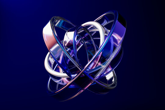 3D glass orbit structure with chrome loop on blue backdrop