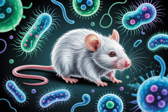 White laboratory mouse surrounded by colorful bacteria microbes, microbiology research concept