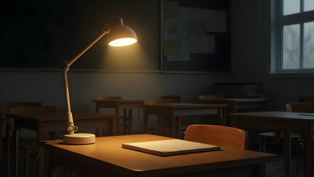 glow of a desk lamp in a dark classroom. dim lighting effects for study environments. creating ambiance with desk lamps. enhancing focus in low-light settings.