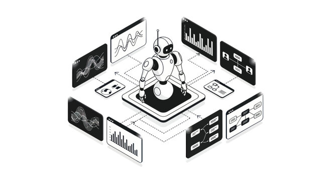 Robot surrounded by data analysis and flowcharts