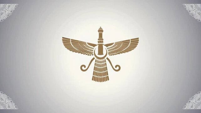 Animated golden Faravahar symbol represents Zoroastrianism, Persian culture and spiritual guidance