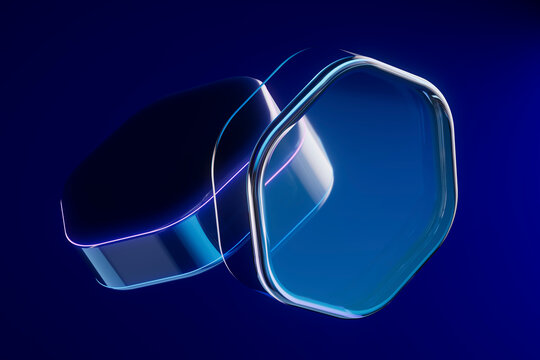 3D glass app tile with curved edge on blue tech backdrop