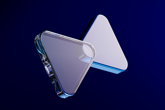 3D glass play icon with soft bevel on dark blue background