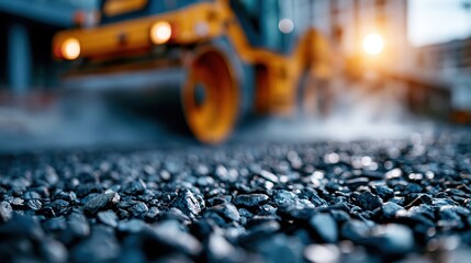 Fototapeta premium Yellow road roller paving a city street with fresh asphalt, representing urban roadwork and repair