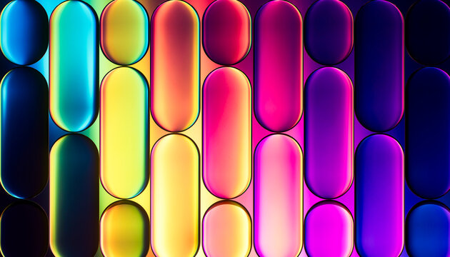3D neon capsule grid with vibrant column on glossy gradient.