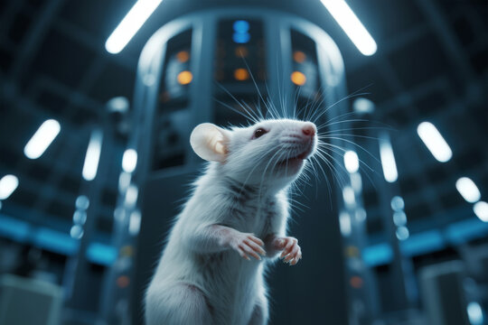 White laboratory mouse in modern futuristic research lab tunnel with neon lights