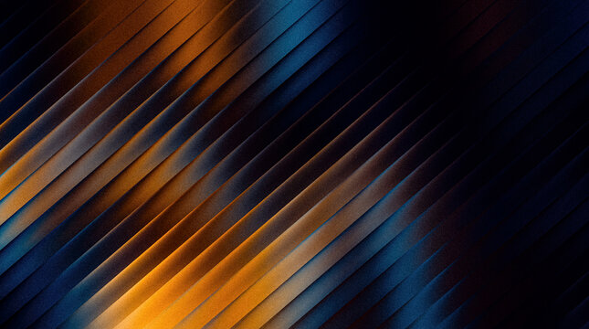 Grainy ribbed abstract diagonal lines background with orange and blue light, modern textured pattern with metallic ridges
