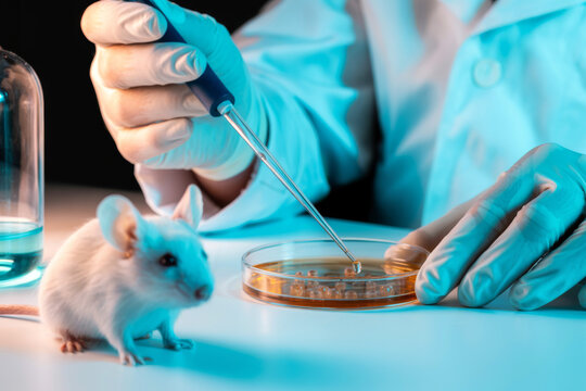 Scientist hand with gloves working with petri dish and lab mouse in research laboratory