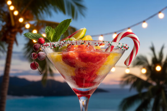 Tropical cocktail martini with candy cane garnish on beach background, Christmas holiday drink
