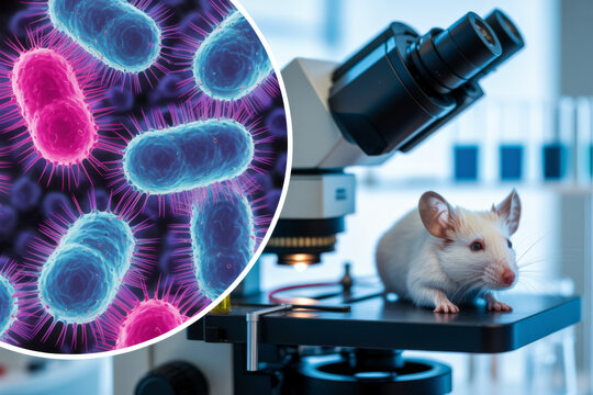 Scientific microscope examining colorful bacteria cells next to white lab mouse in laboratory microbiology research